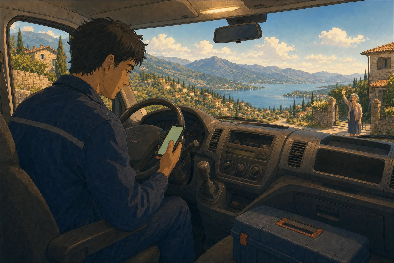 Une camionnette un après-midi ensoleillé : le technicien sourit, son téléphone en main, plus un seul papier ; au loin, la cliente le salue depuis son portail.