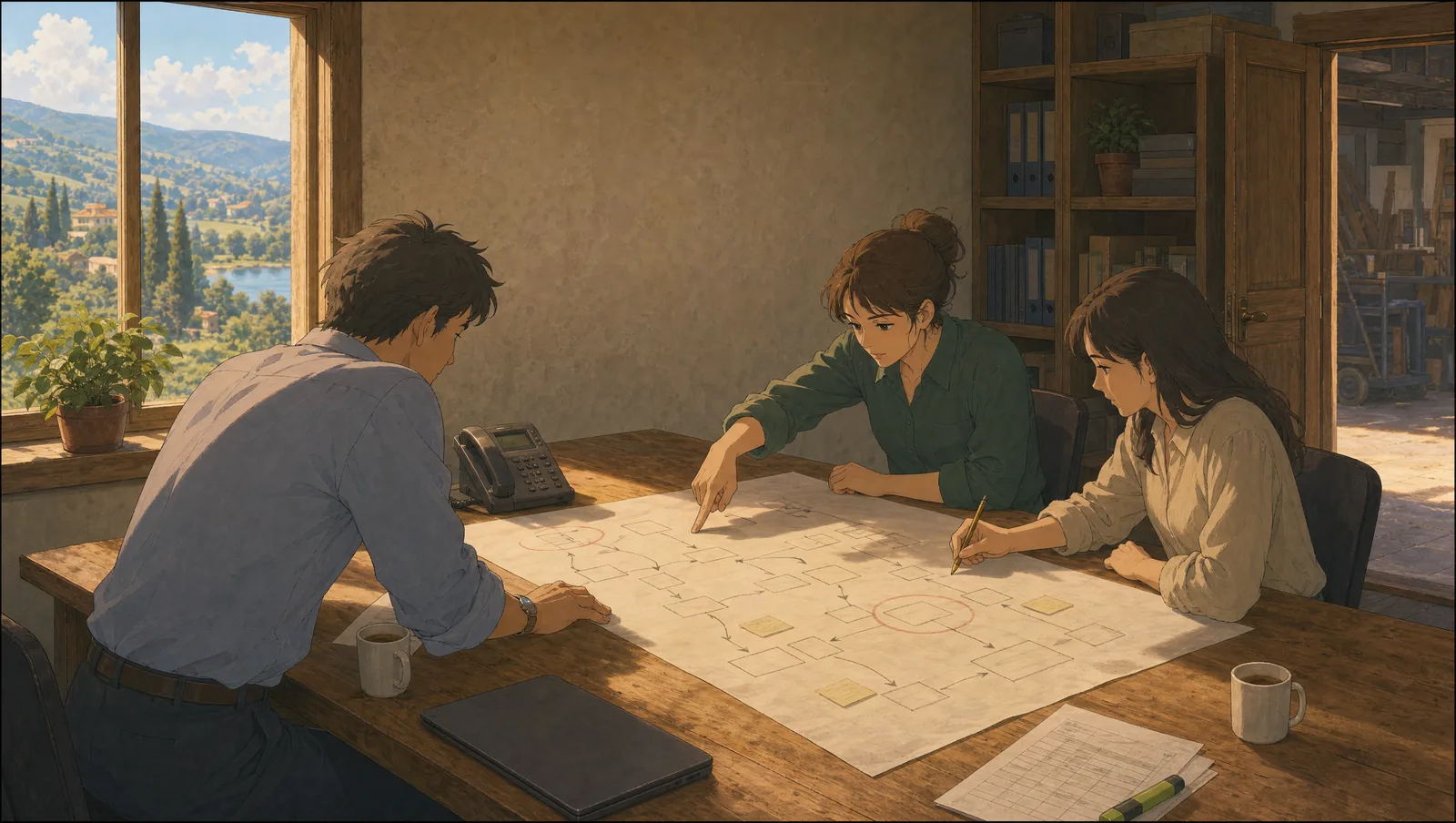 La séance de cartographie : le dirigeant, une personne de son équipe et un visiteur penchés sur une grande feuille où le trajet d'une commande est dessiné en cases et en flèches, deux étapes entourées au crayon rouge.