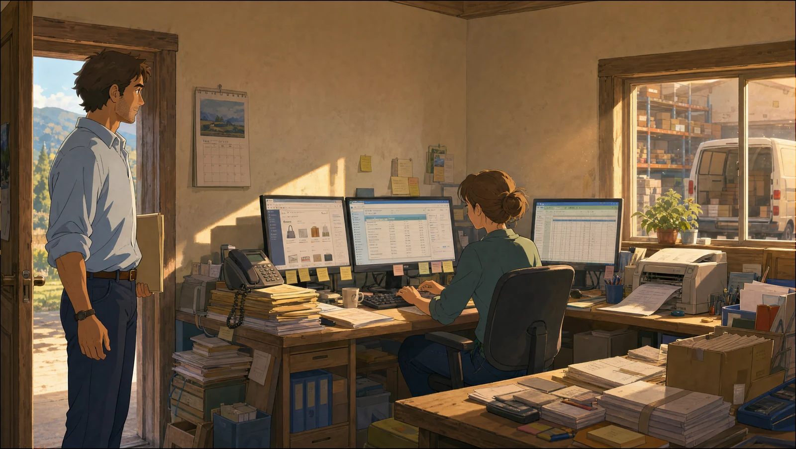 Le bureau de l'atelier aujourd'hui : trois écrans, des piles de papier, le téléphone décroché, le dirigeant dans l'encadrement de la porte.