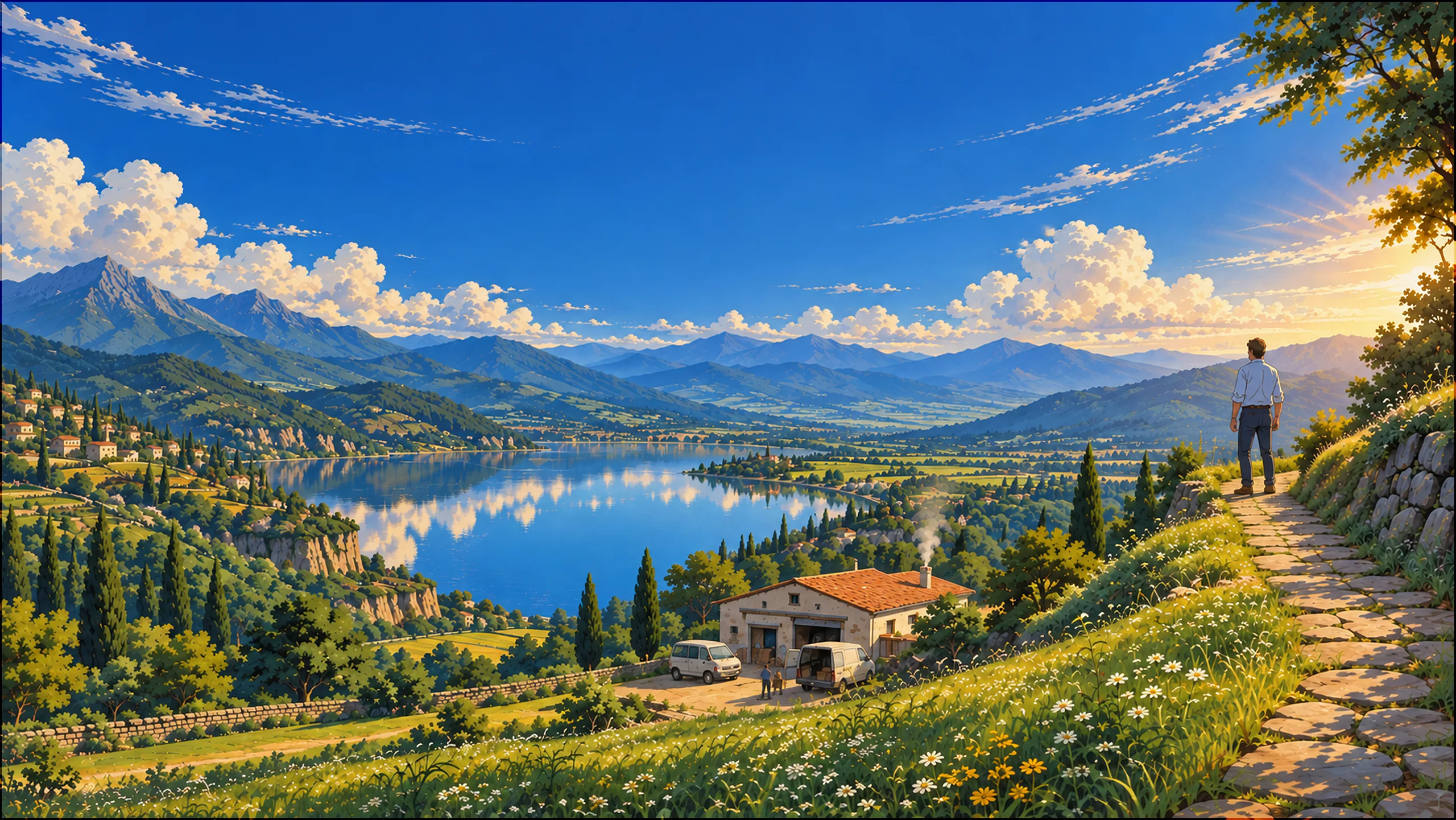 Un dirigeant, de dos, sur un chemin de pierre au-dessus d'une vallée peinte : un lac, des montagnes, et son atelier en contrebas.